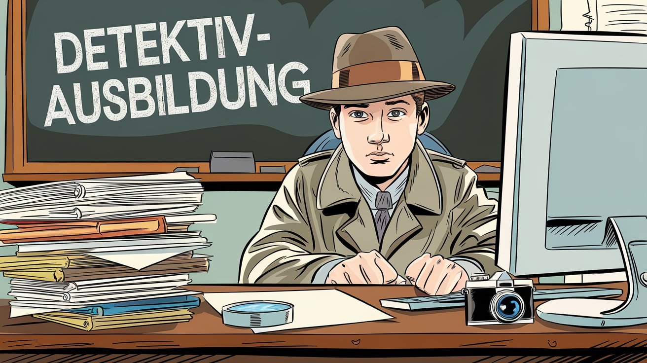 junger Detektiv in Trenchcoat vor Tafel mit Aufschrift "Detektiv-Ausbildung"; Schweiz Detektei, Zürich Detektiv, Basel Privatdetektiv, Genf Privatdetektei