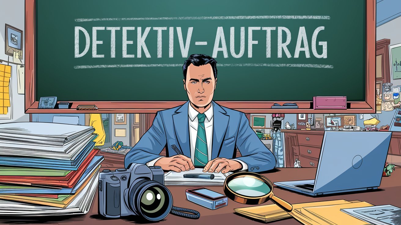 Privatdetektiv in Detektivbüro vor Tafel mit Aufschrift "Detektiv-Auftrag"; Schweiz Detektei, Zürich Detektiv, Schweiz Privatdetektiv, Zürich Detektivagentur