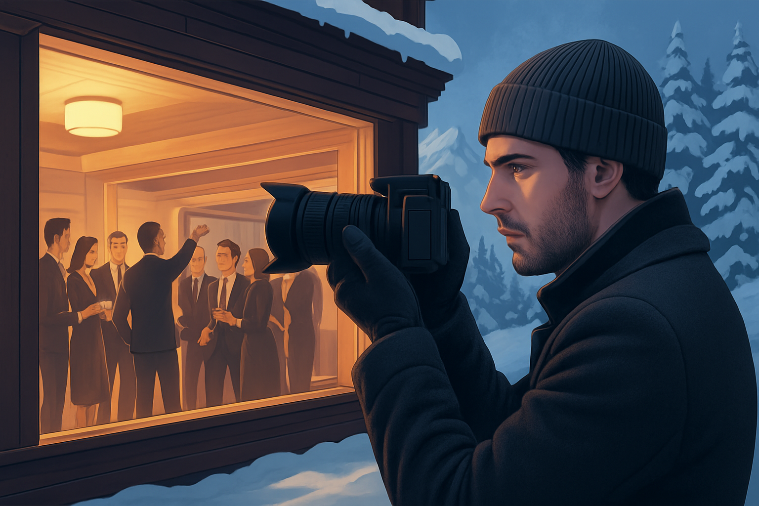 illustrierter Privatdetektiv mit Kamera im Schnee observiert eine Party in Val-d’Isère (Frankreich); Detektei Val-d’Isère (Frankreich), Detektiv Val-d’Isère (Frankreich), Privatdetektiv Val-d’Isère (Frankreich), Privatdetektei Val-d’Isère (Frankreich)