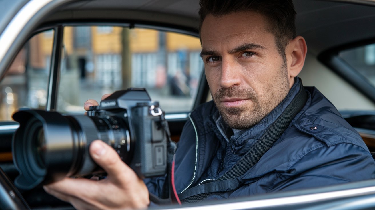 Detektiv mit Kamera im Auto; Privatermittler Uster (Kanton Zürich), Detektivagentur Uster (Kanton Zürich), Detektivteam Uster (Kanton Zürich), Detektei-Service Uster (Kanton Zürich)