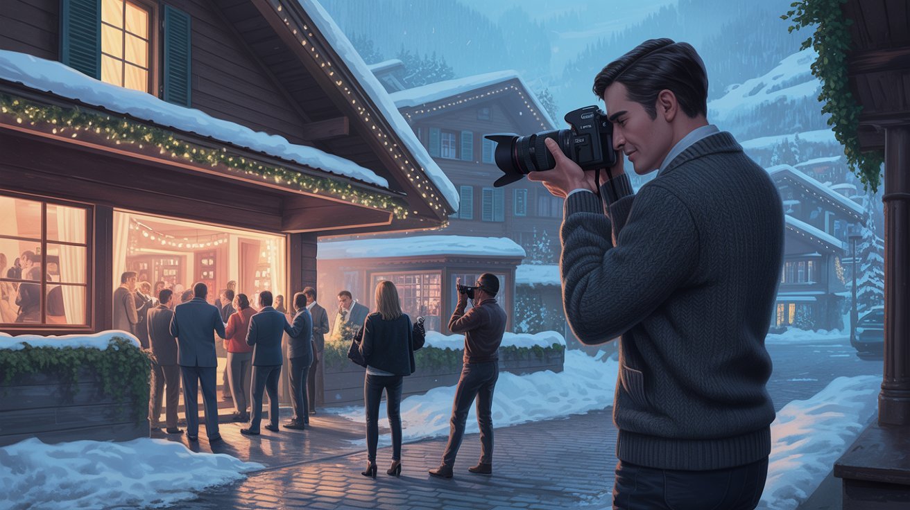 illustrierter Privatdetektiv bei Observation einer Party in Gstaad; Privatermittler Gstaad (Schweiz), Wirtschaftsdetektei Gstaad (Schweiz), Detektivagentur Gstaad (Schweiz), Detektivteam Gstaad (Schweiz)