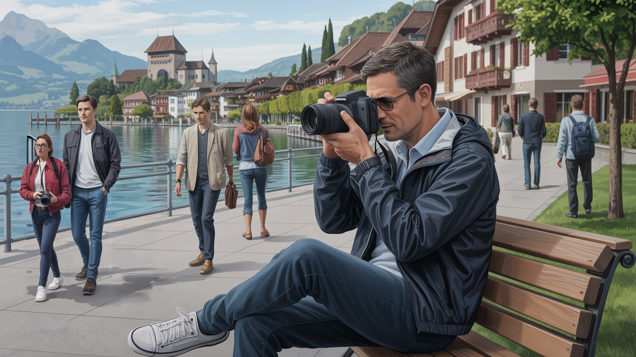 Illustrierte Szene eines Detektivs mit Kamera in Solothurn; Detektei Solothurn, Detektiv Solothurn, Privatdetektiv Solothurn, Privatdetektei Solothurn