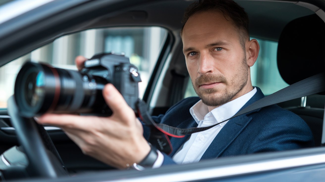 Detektiv mit Kamera im Auto; Privatermittler Dietikon (Kanton Zürich), Detektivagentur Dietikon (Kanton Zürich), Detektivteam Dietikon (Kanton Zürich), Detektei-Service Dietikon (Kanton Zürich)