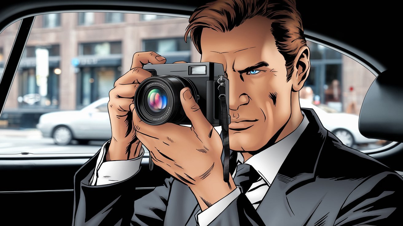 Illustration of a detective with camera in a car in La Chaux-de-Fonds (Canton of Neuchâtel); Private Investigator La Chaux-de-Fonds (Canton of Neuchâtel), Detective Agency La Chaux-de-Fonds (Canton of Neuchâtel), Detective Team Canton of Neuchâtel, Detective Service La Chaux-de-Fonds (Canton of Neuchâtel)