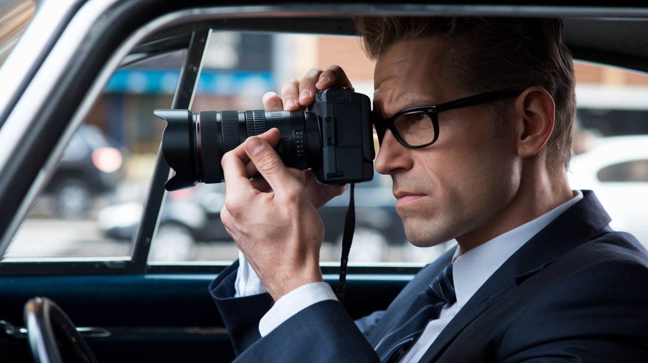 Detektiv mit Kamera im Auto; Privatermittler Dübendorf (Kanton Zürich), Detektivagentur Dübendorf (Kanton Zürich), Detektivteam Dübendorf (Kanton Zürich), Detektei-Service Dübendorf (Kanton Zürich)