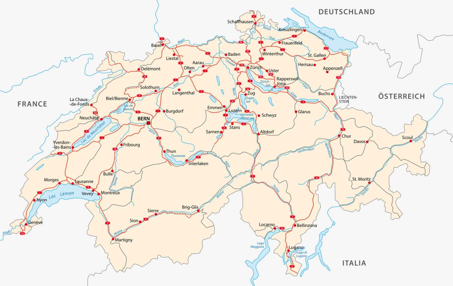 Straßenkarte Schweiz; Detektei Basel, Detektiv Bern, Privatdetektiv St. Gallen, Privatdetektei Genf