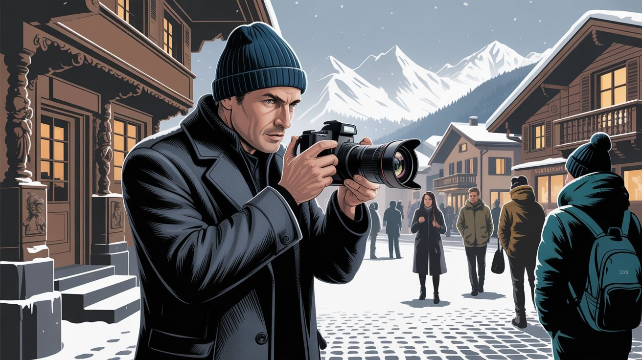 illustrierter Privatdetektiv mit Kamera in Lenzerheide/Lai, Schweiz; Detektei Lenzerheide/Lai, Schweiz, Detektiv Lenzerheide/Lai, Schweiz, Privatdetektiv Lenzerheide/Lai, Schweiz, Privatdetektei Lenzerheide/Lai, Schweiz