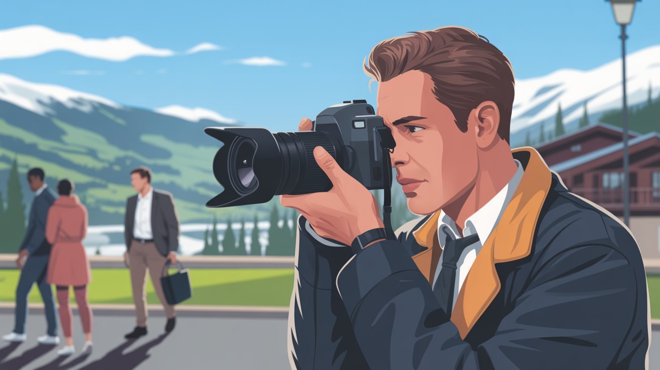 illustrierter Privatdetektiv bei Observation in Megève (Frankreich); Detektei Megève (Frankreich), Detektiv Megève (Frankreich), Privatdetektiv Megève (Frankreich), Privatdetektei Megève (Frankreich)